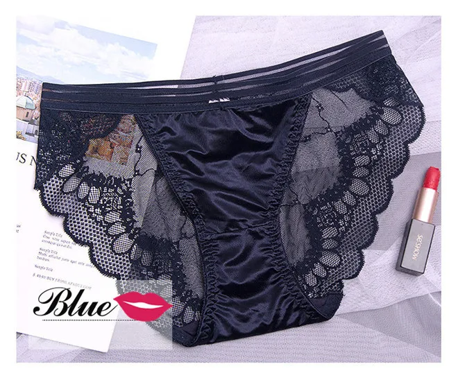 navy blue Новинка, большой размер, Сексуальная атласная Женская пижама с кружевом, трусики, женское нижнее белье, прозрачные кружевные трусики, трусики танга, мягкие блестящие атласные трусики XL - Цвет: navy blue