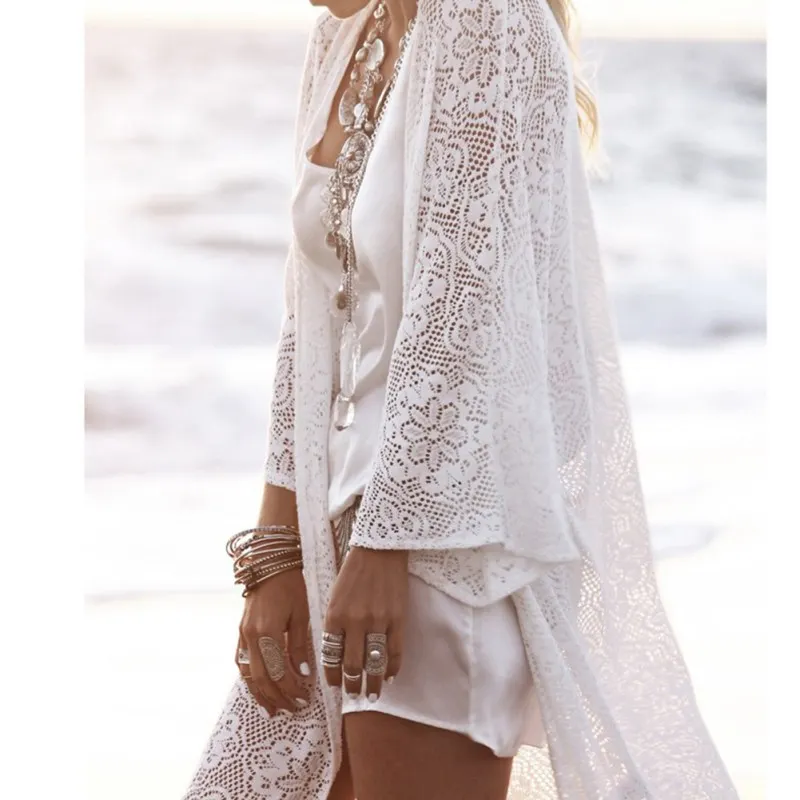 

Boho Women Fringe Lace kimono cardigan White Tassels Beach Cover Up Cape Tops Blouses s72