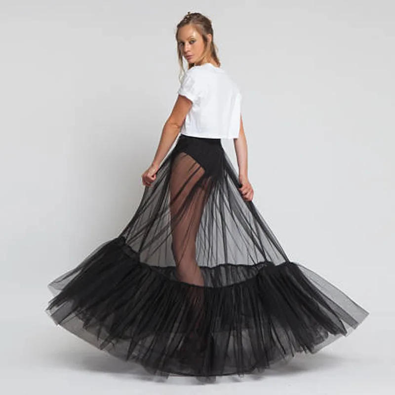 Sheer One Layer Black Maxi Skirt See Through Women Black Long Tulle Skirt with Unique Ruched Edge 2018 New Design NO LINING