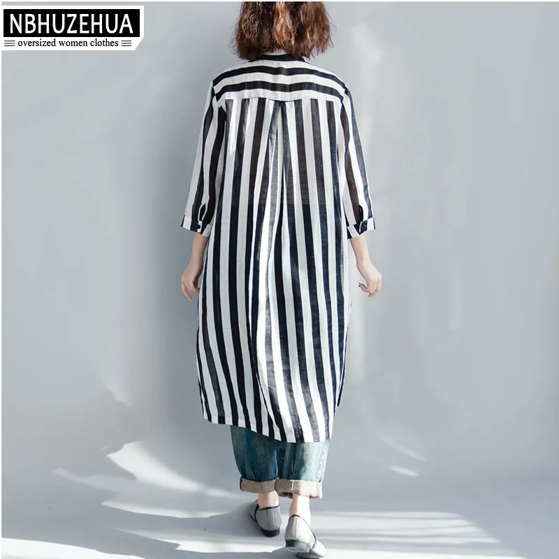 NBHUZEHUA A102 4XL 5XL Женские топы и блузки полосатая рубашка винтажные тонкие летние