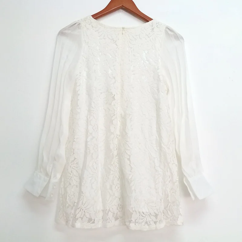 Fashion spring summer new women lace stitching chiffon loose Full-sleeve shirt O-Neck withe color long blouse tops