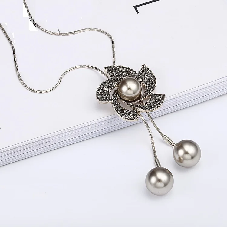 Elegant Simulated-Pearl Long Necklace Women Bijoux Fashion Jewelry Crystal Flower Sweater Necklaces &amp Pendants | Украшения и