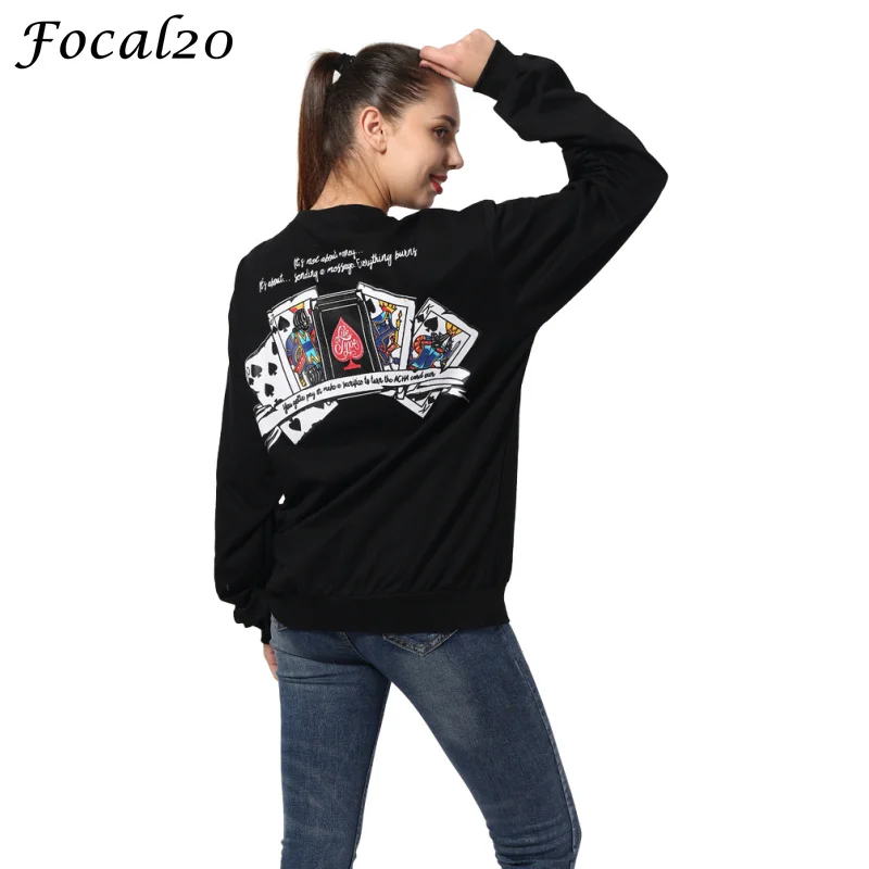 

Focal20 Autumn Women Poker Print Oversize T-shirt Long Sleeve Back Letter Print T Shirt Casual Loose Tee Top