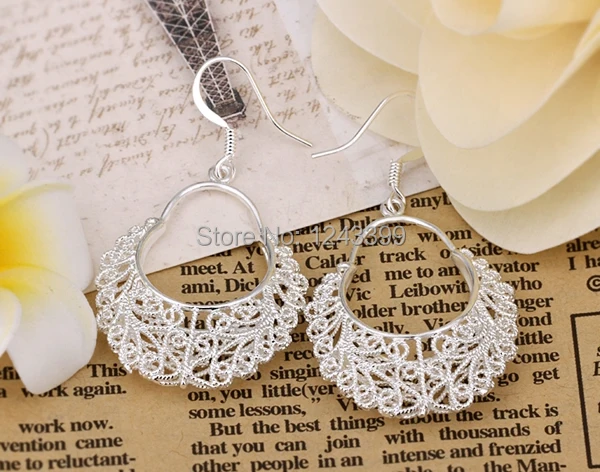 Free shipping!!!Brass Drop Earring 2014 new fashion girl real silver plated nickel lead & cadmium free 52x28mm 10Pairs/Lot | Украшения и