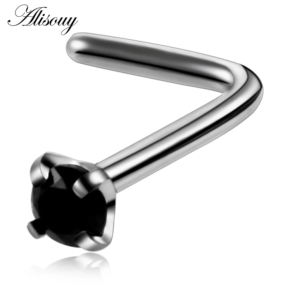 Silver Black CZ Alisouy 20 г маленький нос шпильки для пирсинга L Форма Нос Кольца, титановые, стальные 316L циркониевый камень кубической формы, бижутерия для пирсинга, для Для женщин - Окраска металла: Silver Black CZ