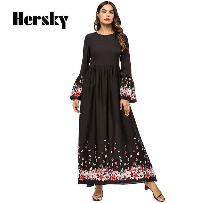 Взрослых мусульманских Для женщин труба рукав Платье черного цвета Ближний