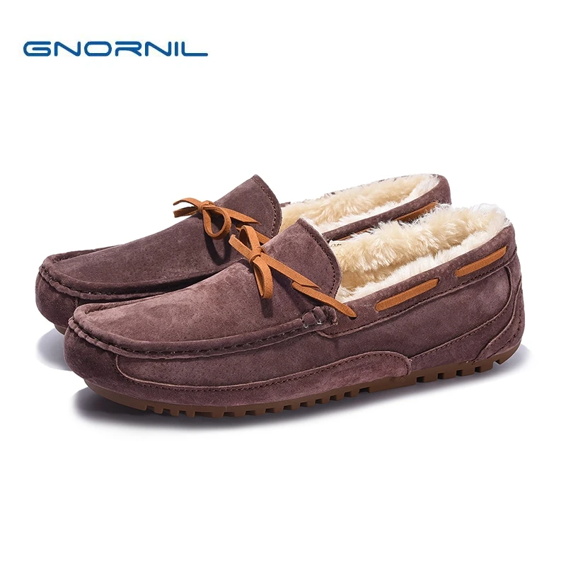 GNORNIL/ г.; теплые зимние мужские мокасины с мехом; Высококачественная обувь на плоской подошве; Мужская обувь из натуральной кожи; модные Лоферы без застежки на мягкой подошве - Цвет: Коричневый