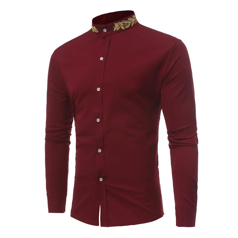 Мужские хипстерские золотые вышитые Мандарин Воротник Slim Fit с длинным рукавом