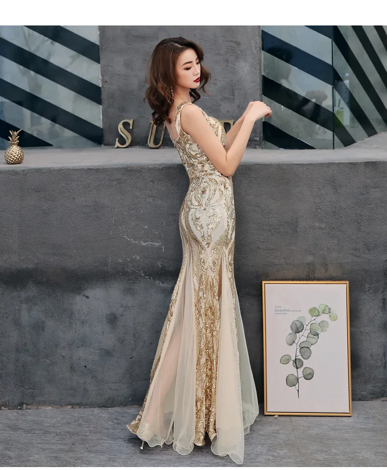 Банкетное Макси-платье с блестками цвета красного вина для невесты, Vestidos, с v-образным вырезом, без рукавов, без бретелек, в стиле ампир, с разрезом, Сетчатое, вечерние платья для женщин Lange Jurken