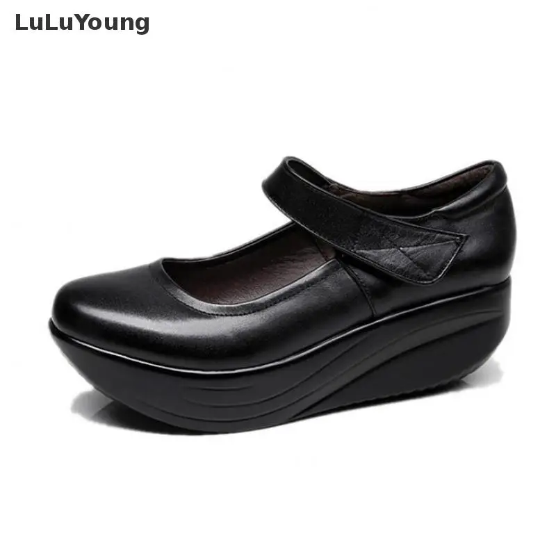 

Spring And Autumn Genuine Leather Women's Shoes Thick Bottom Wedges Shallow Black Work Shoes Women's Soft Bottom Sy-2830