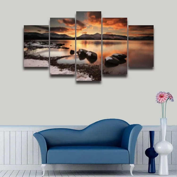 

Printed Seascape picture canvas painting sea waves beach rock sunset landscape 5 piece wall art room home decor Canvas /PT0286