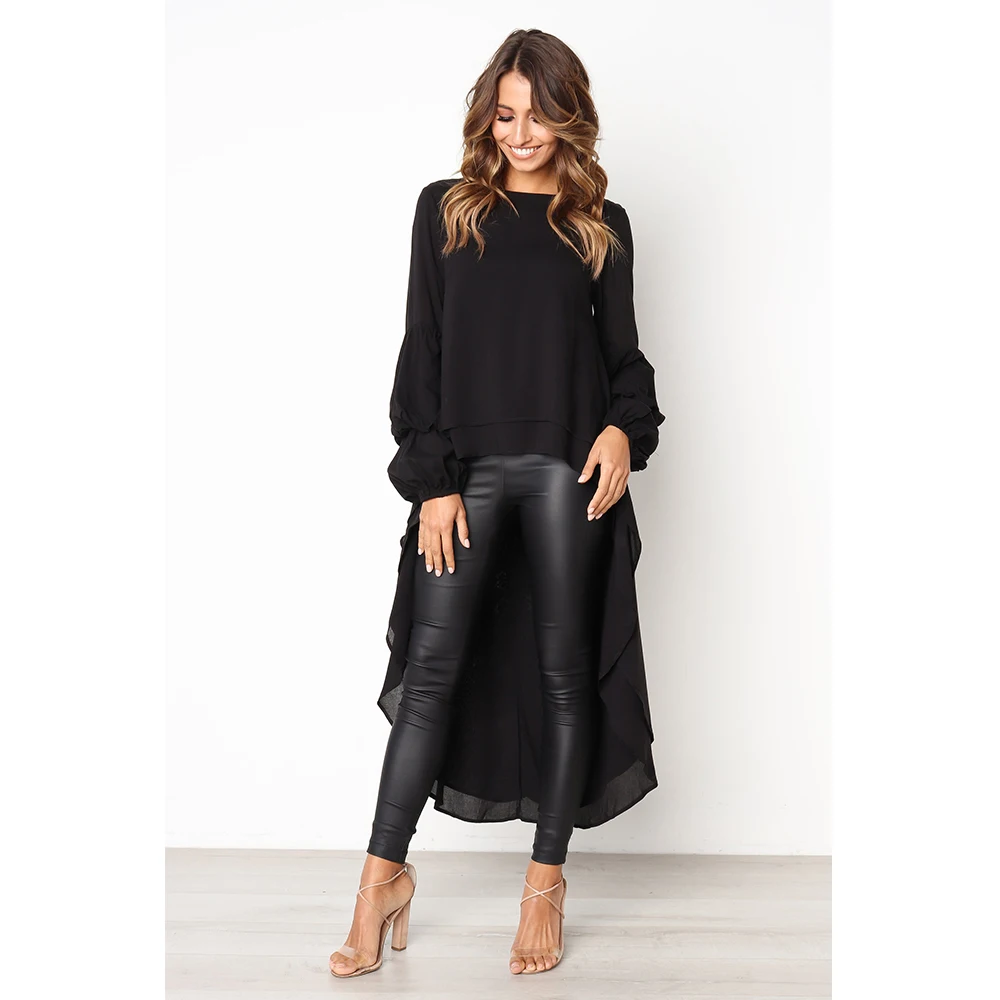 

Womens Tops and Blouses Fashion Chiffon Ruffles O Neck Solid Puff Sleeve Blouse Women Elegant Office Workwear Long Shirts H30