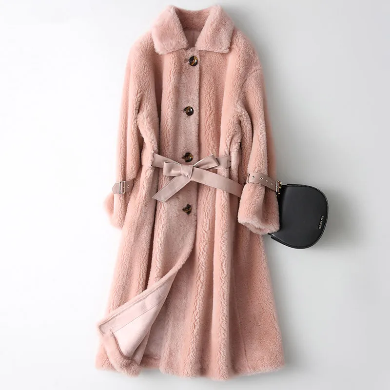 Pink Натуральное меховое пальто, стрижка овец, меховая осенне-зимняя женская куртка, шерстяное пальто, женские корейские розовые куртки Manteau KQN18225 Y2026 - Цвет: Pink