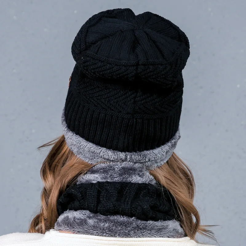 MAXMESSY Winter Fleece Hat Scarf For Women Thick Knitted Warm Sets Beanies Ring Outdoor Wear 2Pcs/Set MH141 |
