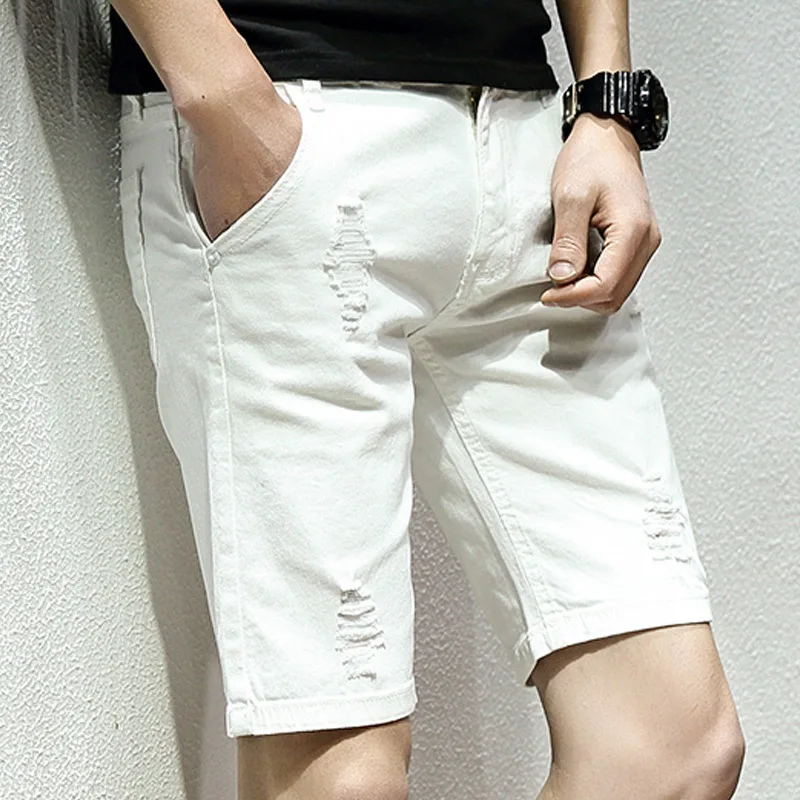 

Summer Shorts Men's Hole Knee Length Casual Denim Shorts Men's Solid Color Cotton Slim New Fashion Casual Shorts