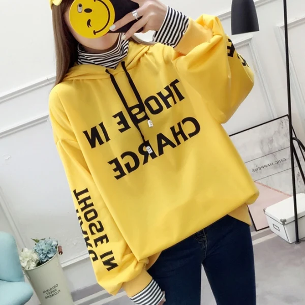 yellow Осенняя Женская толстовка с длинным рукавом, женские толстовки с капюшоном, топы, пуловер, имитация двух пирожных, зимняя, с буквенным принтом, модная, в полоску, 075 - Цвет: yellow