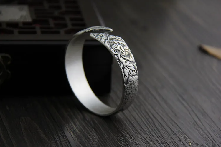 Ethical 925 Sterling Thai Silver Bracelets Bangles Antique Open Size Carved Peacock Peony Wide Cuff Bangle S925 Jewelry | Украшения и