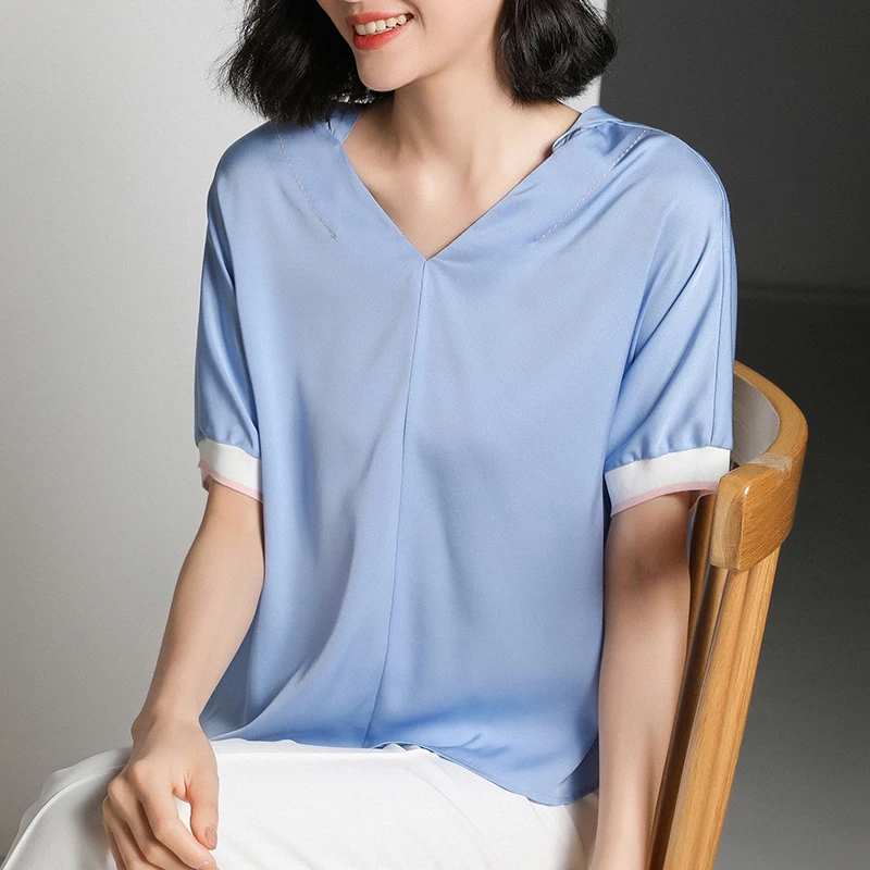 Женская блузка лето 2019 чистый шелк топы и блузки элегантный короткий рукав