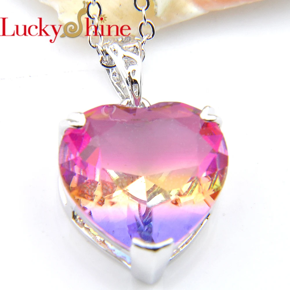 

Luckyshine Rainbow Love Heart Bi colored Tourmaline Pendants Silver Plated For Women Wedding Pendants Jewelry
