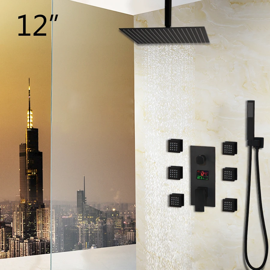 12 Inch Shower Set KEMAIDI 8/10/12/16 дюймов 3-сторонний выход для душа набор осадков Насадки для душа Цифровой температурный Дисплей смеситель кран поворотный Ванна Душ - Цвет: 12 Inch Shower Set