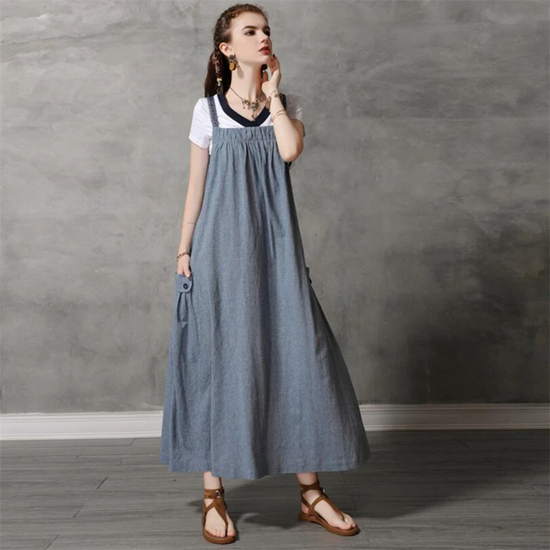 

Original Design Retro simple Big size Loose Strap Dress Summer Women Pocket Casual Long Dress Elegant Party Dresses Vestidos