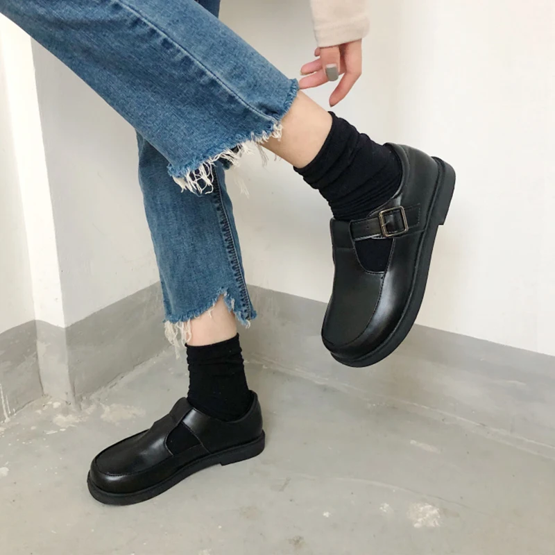 Новинка Весна 2019 женские кожаные туфли в японском стиле с круглым носком и