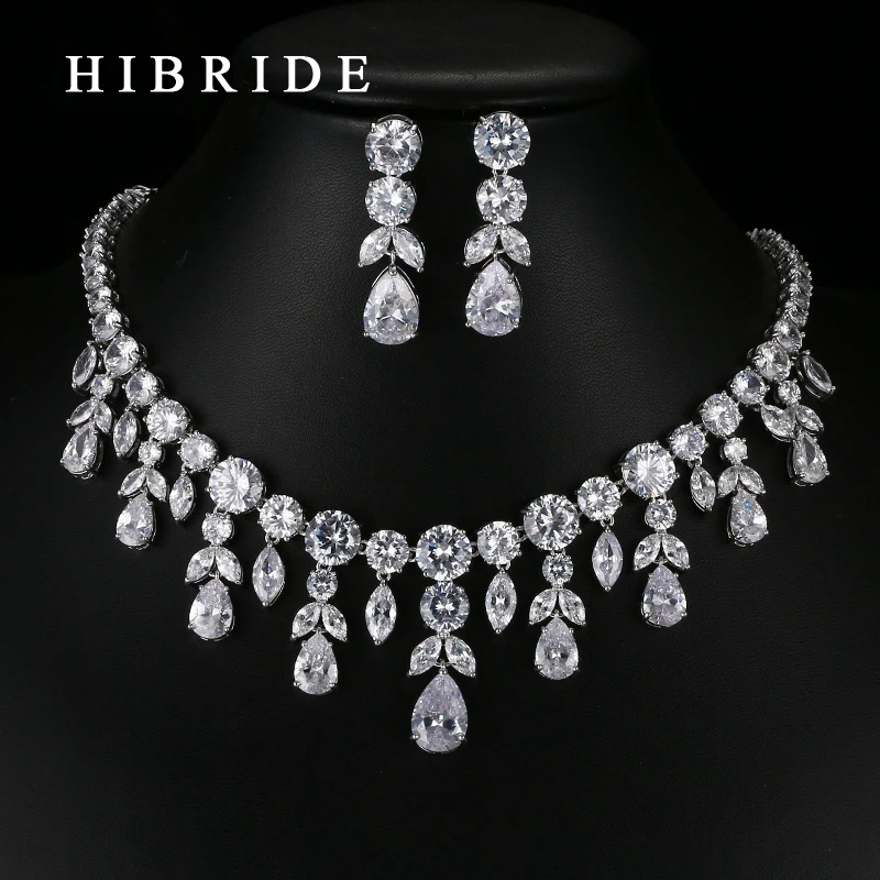 Модные стильные подвески HIBRIDE в форме капли воды с фианитами, ожерелье и серьги с родиевым покрытием, свадебные комплекты ювелирных изделий ...