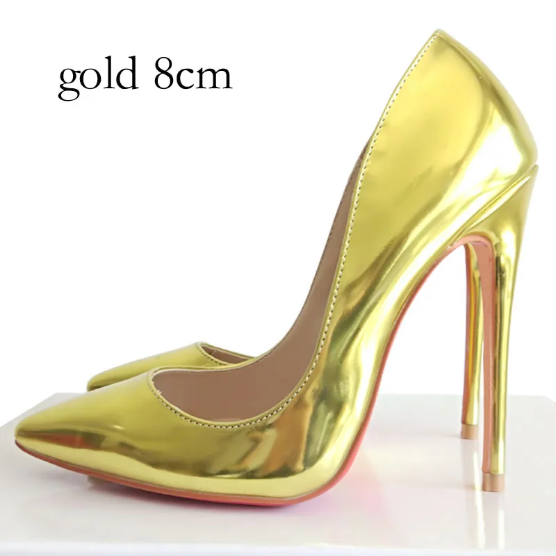 gold 8cm Высококачественные женские туфли-лодочки из натуральной кожи Свадебные Вечерние туфли на высоком тонком каблуке 8 см, 10 см, 12 см большие размеры 34-45 - Цвет: gold 8cm