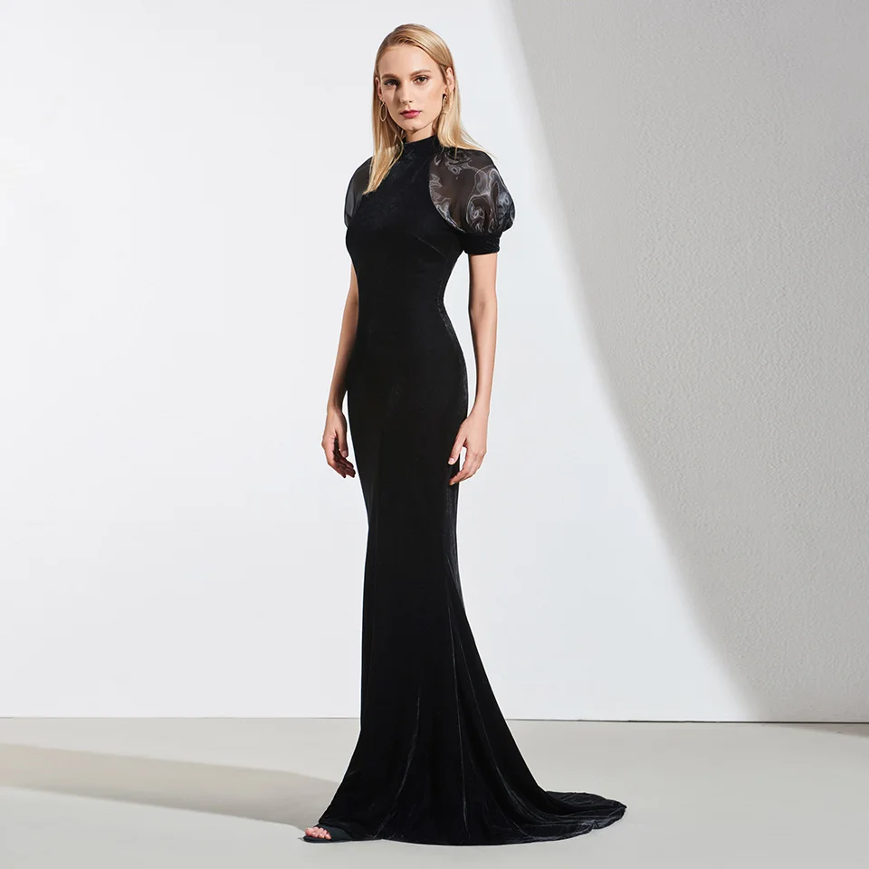 Черное платье с высоким воротом Dressv вечернее на молнии коротким рукавом для
