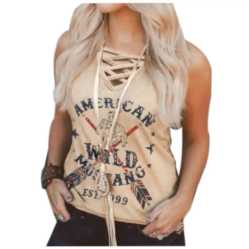 Женская мода с v-образным вырезом без рукавов буквенным принтом крест-накрест