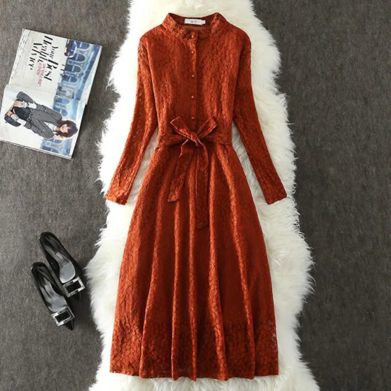 2019 Spring Autumn Women Dress Vintage Long Sleeve Lace Elegant Slim Single-breasted Party Dresses Vestidos | Женская одежда