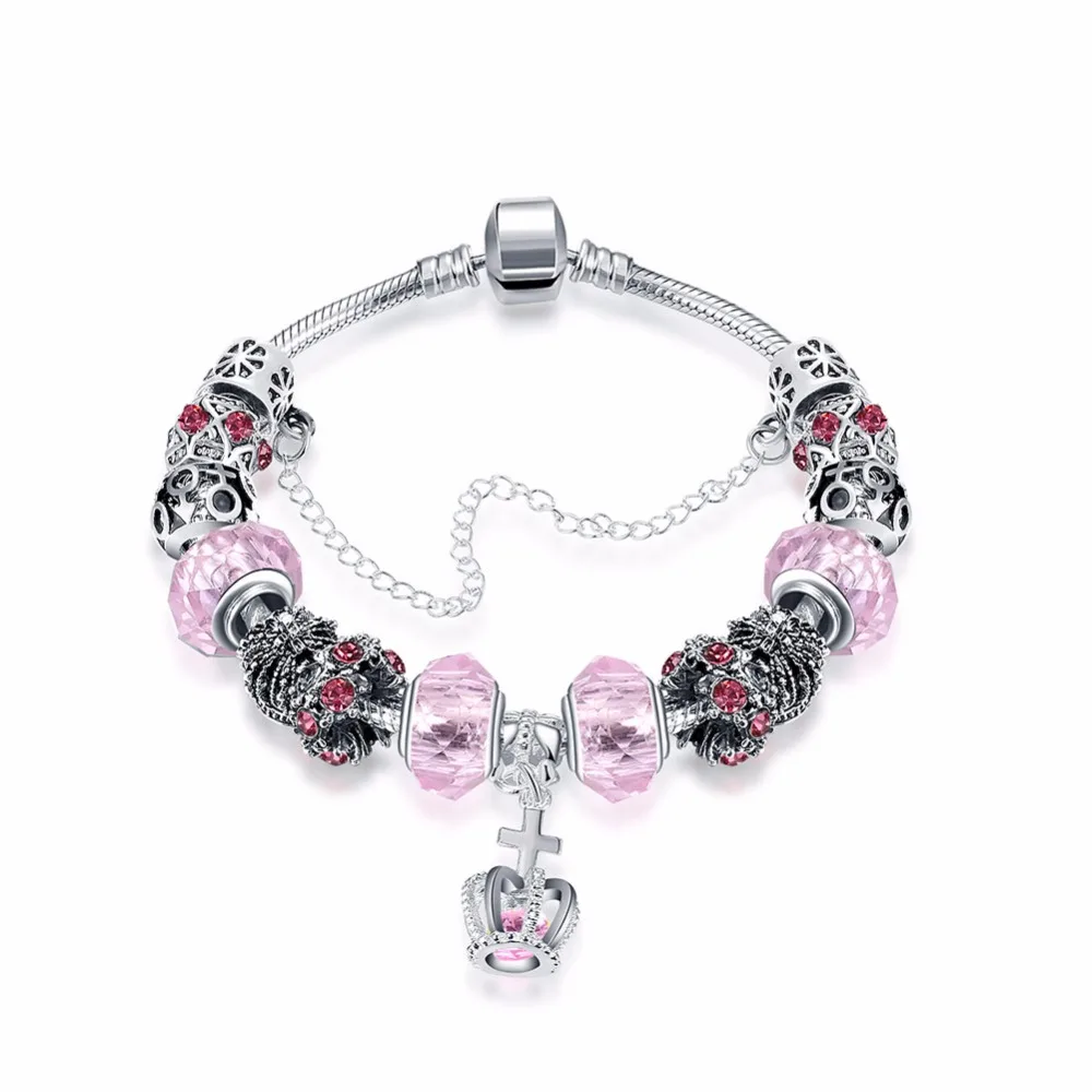 Seanuo 7 Color European Style Queen Crown &amp Cross Silver Charm Bracelet For Women Fashion DIY Murano Beads CZ Crystal Bracelets |