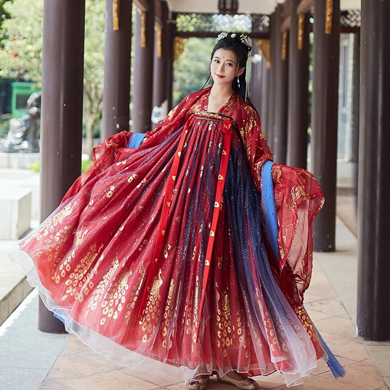 Сверкающий Красный Hanfu для женщин китайские костюмы с блестками косплея древних