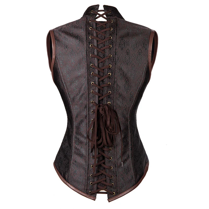 

Sladuo Retro Black&Brown Stand Collar Underbust Corset Vest Waist Trainer Steel Boned Sexy Corpetes E Steampunk Clothing
