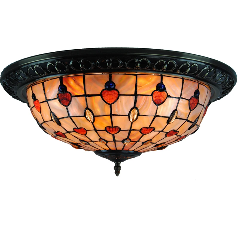 

16" Tiffany Stained Shell Ceiling Lamp Mediterranean Designer Lights E26/E27 Vintage Bar Dining Room Home Lighting Fixture CL219
