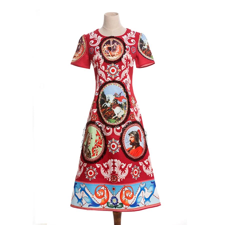 

Luxury Elegant Long Dresses Fashion High Street Short Sleeve Flower Warrior Printed Red Vintage New 2018 Women Dress