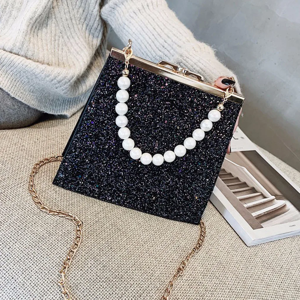 Женские сумки Bolsos Mujer, Женская жемчужная сумка через плечо, блестящая цепочка, кожаные красочные сумки-мессенджеры, сумка на плечо, сумка-тоут с жемчугом, сумка-мессенджер