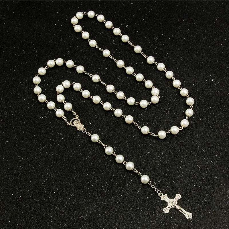 Классическое ожерелье ручной работы с голубым жемчугом 8 мм крест четки