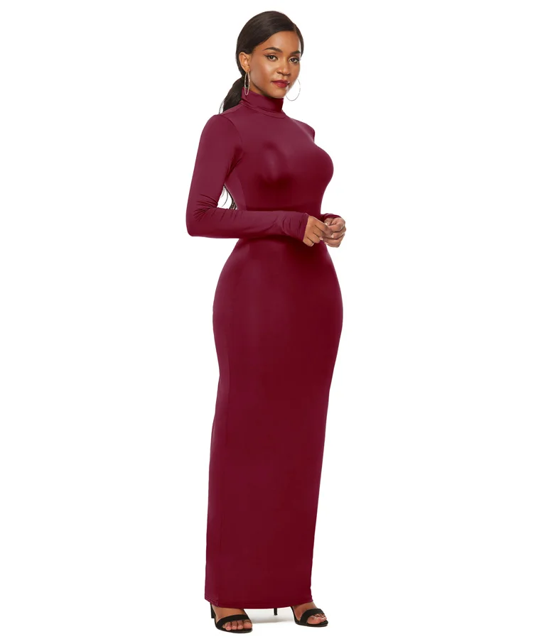RL5231-wine red Длинное облегающее осенне-зимнее женское платье, однотонное Тонкое Платье макси с высоким воротом, большие размеры - Цвет: RL5231-wine red