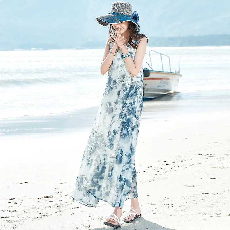 Summer Floral Print Boho Beach Dress Women Long Maxi Sleeveless Party Lace Up Vintage Vestidos S-2XL | Женская одежда