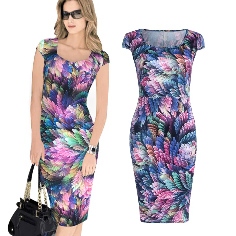 Летняя мода элегантные платья женщины Перо цветочный печати квадратный воротник