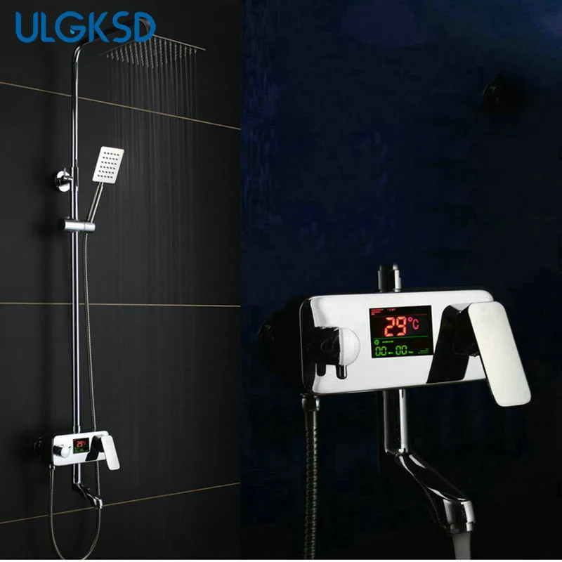 ULGKSD смеситель для душа для ванной комнаты хромированная отделка 8 дюймов душевая головка с дисплеем температуры W/ручная Душевая система насадка опрыскиватель смеситель кран