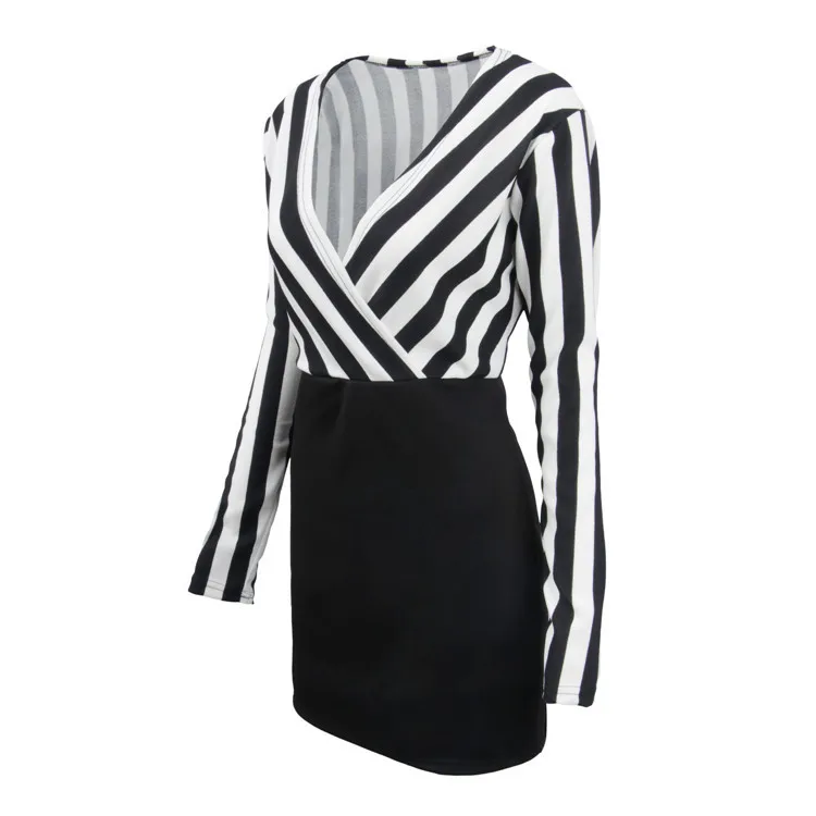 

Elegant Patchwork Women Spring Mini Dress Long Sleeve Strip Slim Office Lady Wear Dress