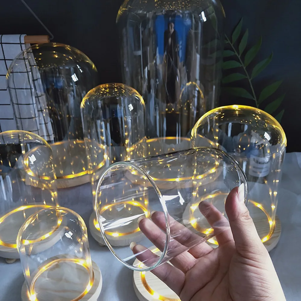 Tabletop Display Glass Dome Cloche Cover Decor Dry Flower Ornaments Handmade Craft Bell Jar with Wood Color Base, Feet, and LED Light image 2
