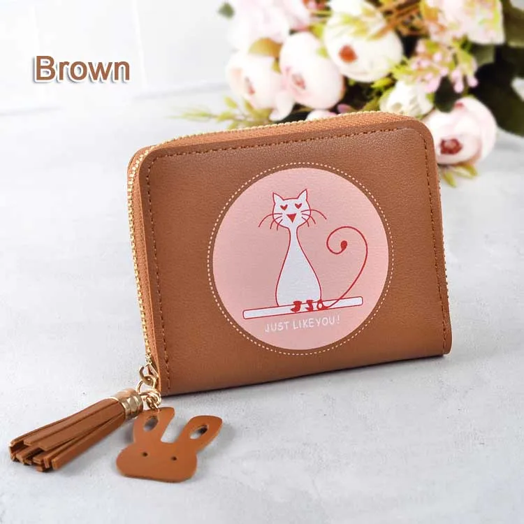 Brown Кот короткие Ленточки женские бумажники с застежкой-молнией держатель для карт для девочек кошельки бумажник леди толстосумы цвет конфеты мини сумки карман - Цвет: Brown