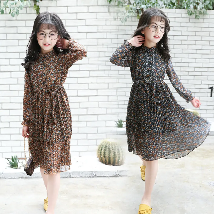 Summer Chiffon Long Sleeve Dress For Girls 8 9 10 11 12 13 14 Age Cute Holiday Dresses Teenage Print Flower Beach Children | Детская