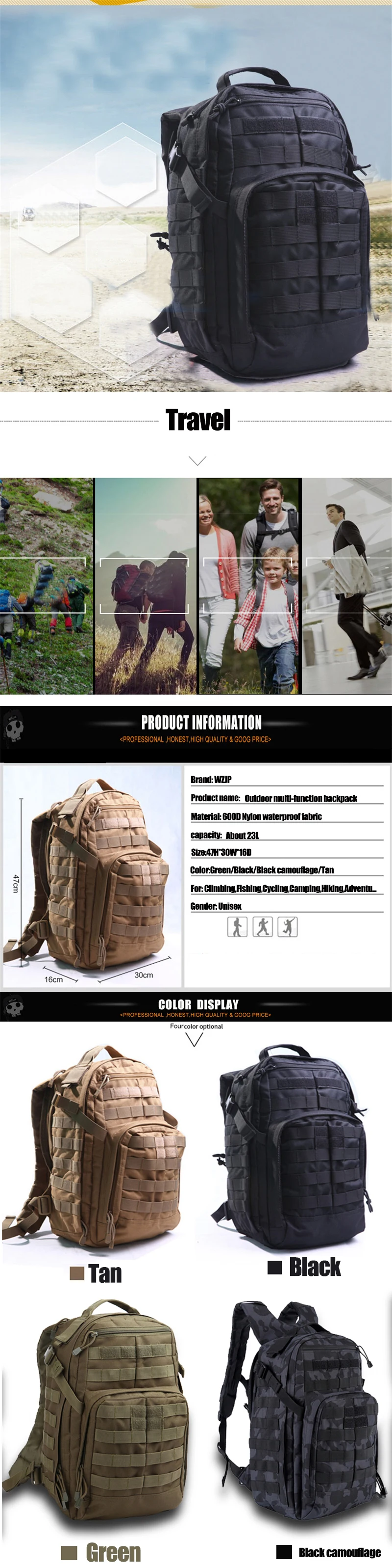 WZJP Открытый тактический военный 20-35L Molle Backage Водонепроницаемый Многофункциональный рыболовный мешок 4 цвета