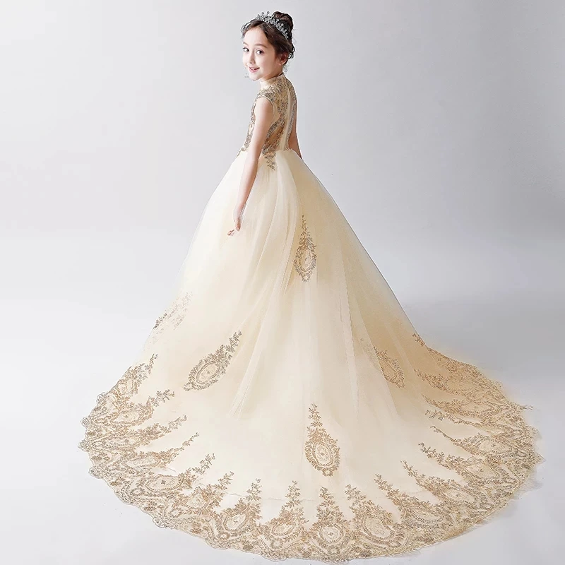 

2018 New Fashion Children Teens Popular Model Show Long Luxury Ball Gown Dress Girls Birthday Evening Party Piano Costume Dress