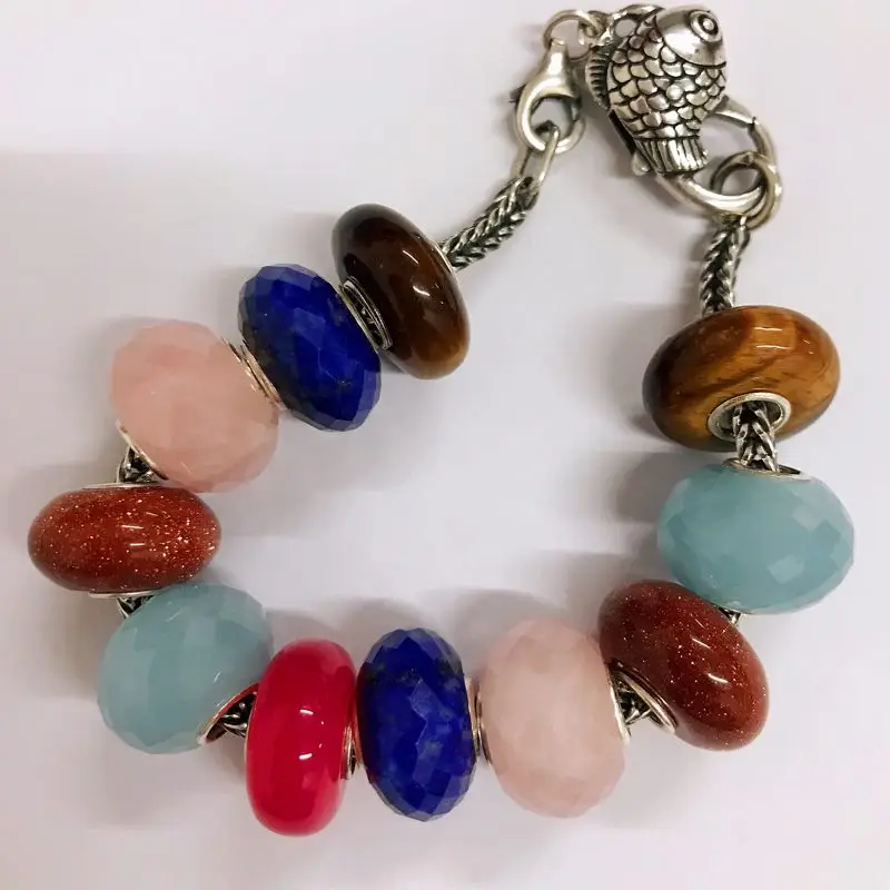 DIY Jewelry 925 Sterling Silver Natural colorful plane stone beads Charm Bead Fit European Troll Bracelet Making | Украшения и
