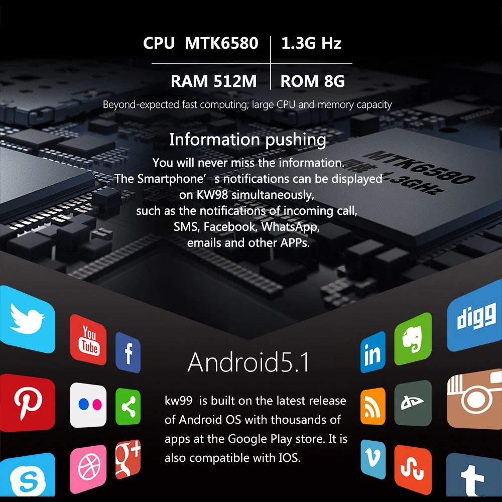 KW99 Смарт часы 1 39 дюймов MTK6580 четырехъядерный 3 ГГц Android 5 3G 400 мАч 2 0 мегапиксельный